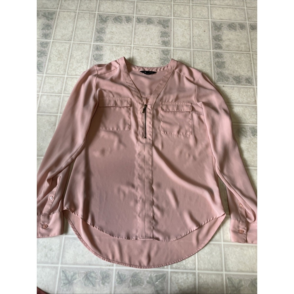 EXPRESS BLOUSE ZIP Tunic Long Slv Pink banded Collar Small Neutral Minimalist